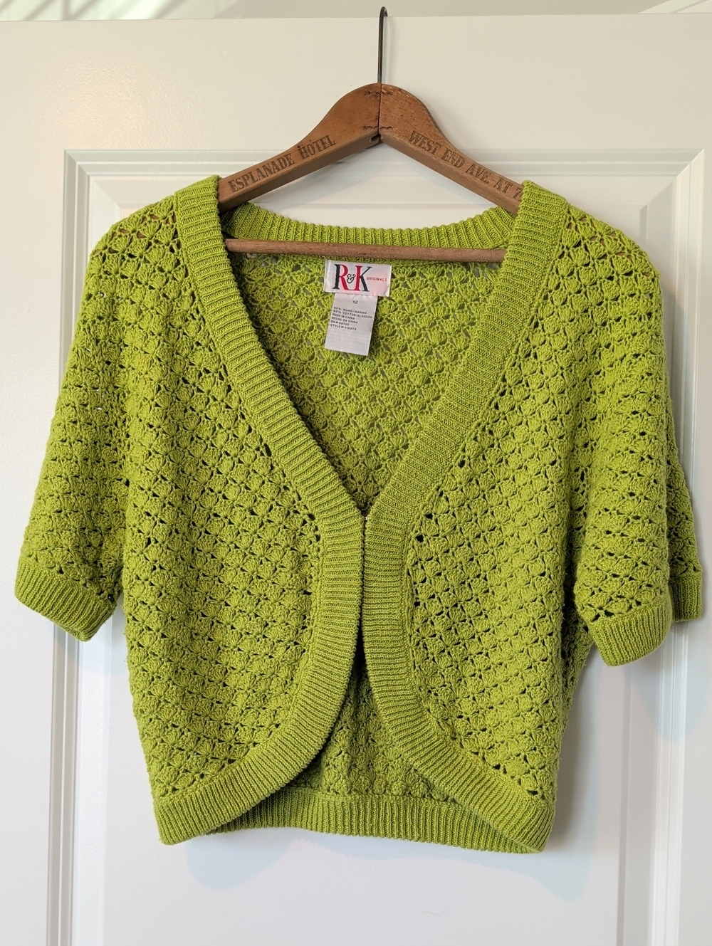 Vintage R&K Lime Green Crochet Open-Front Knit Cardigan